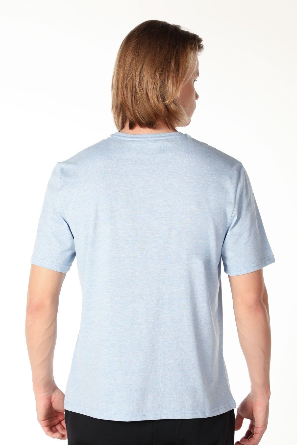 Defys Erkek Bisiklet Yaka Kisa Kollu Regular Fit Baskili Tişört Mavi Me