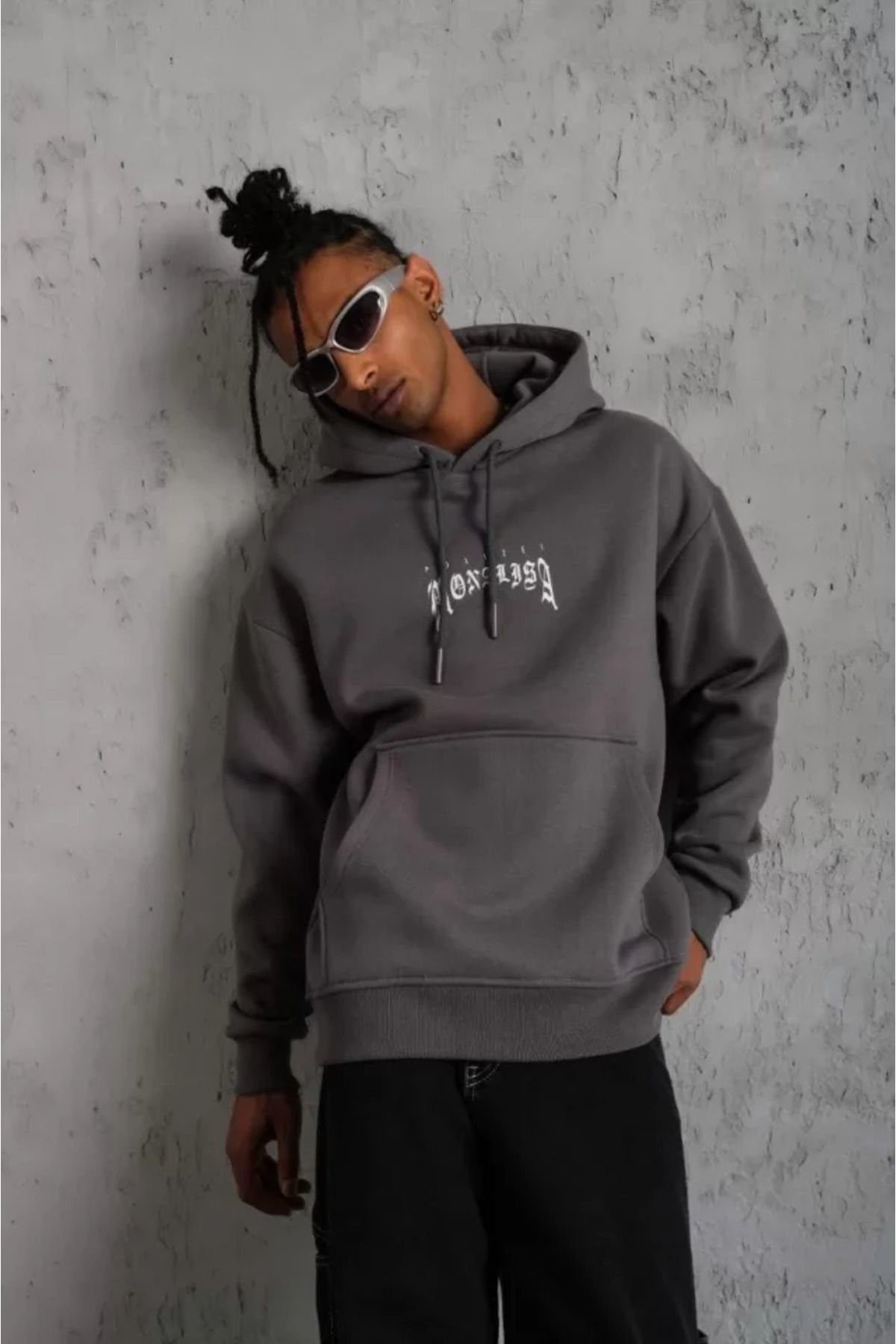 Erkek Baskılı Kapüşonlu Ve Kanguru Cepli Sweat- Gri