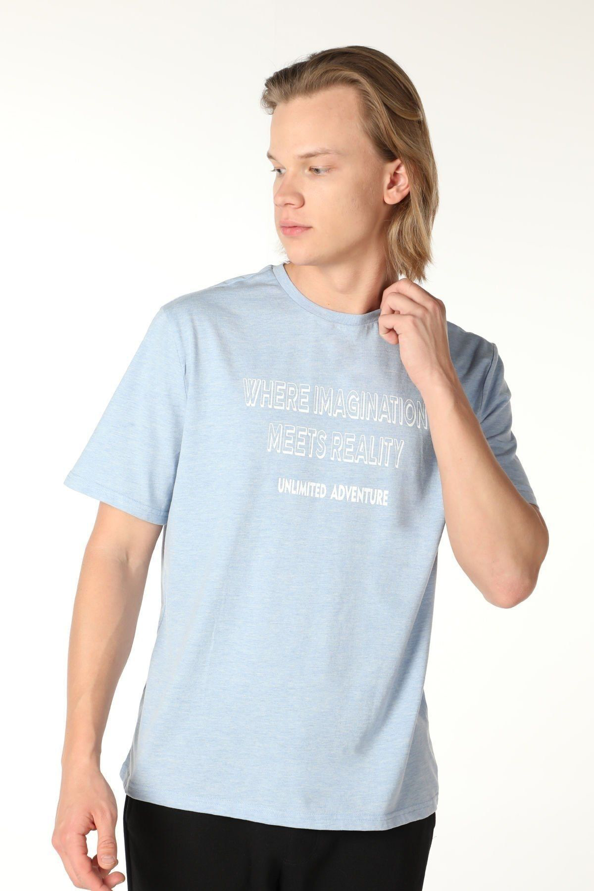 Defys Erkek Bisiklet Yaka Kisa Kollu Regular Fit Baskili Tişört Mavi Me