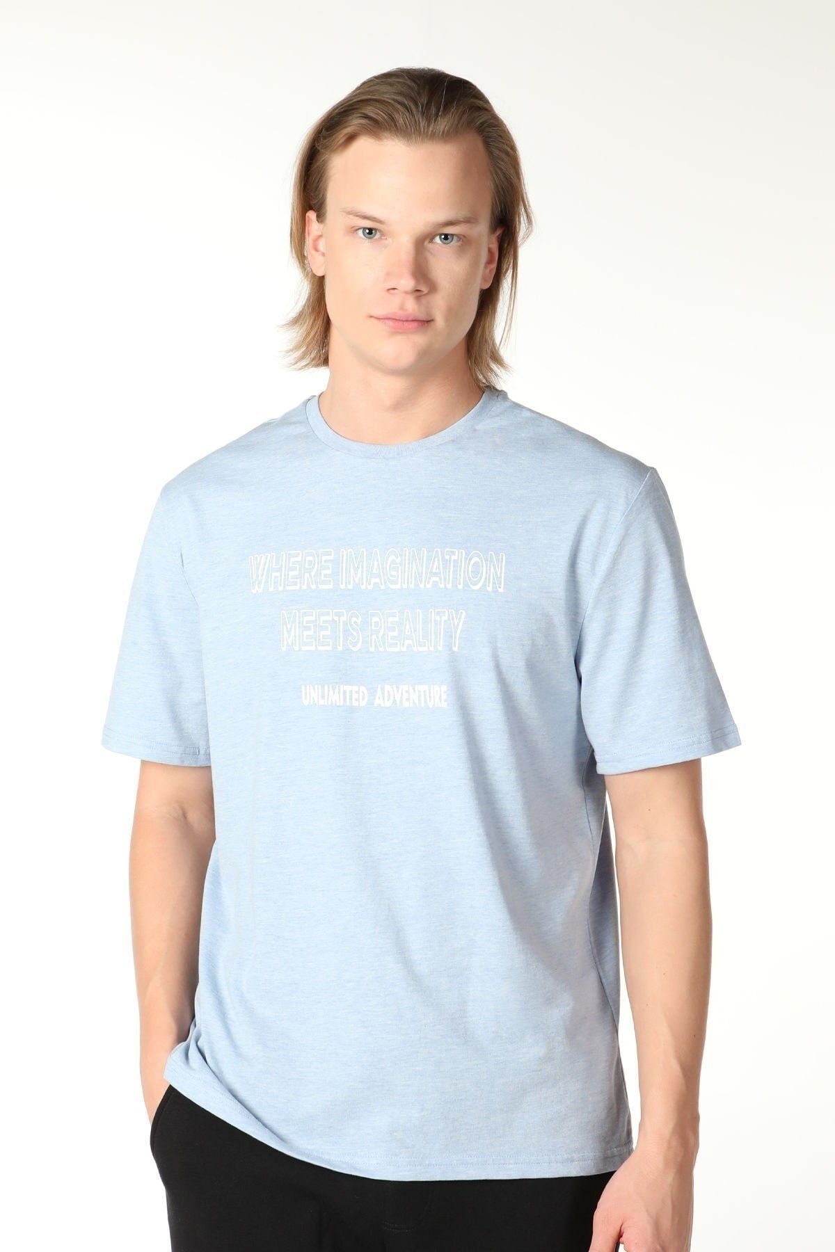 Defys Erkek Bisiklet Yaka Kisa Kollu Regular Fit Baskili Tişört Mavi Me