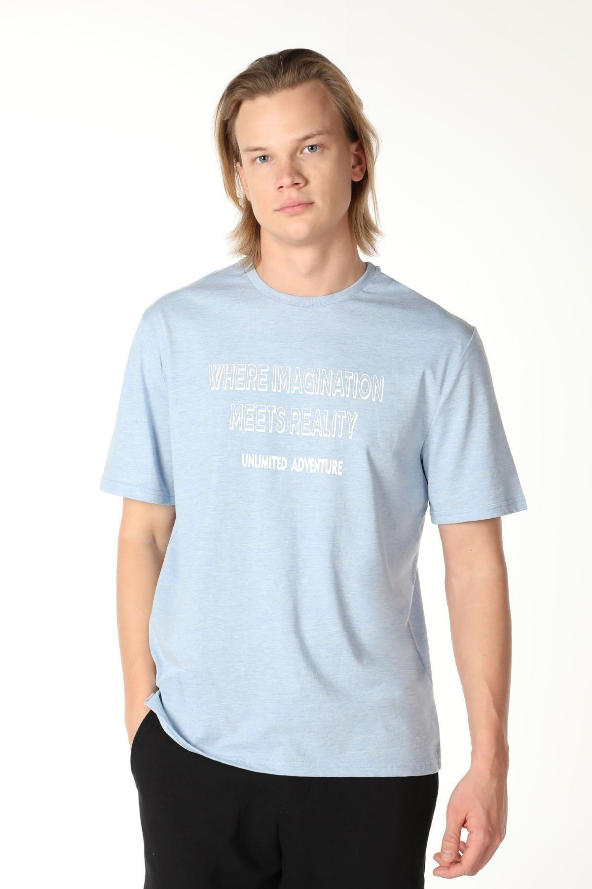 Defys Erkek Bisiklet Yaka Kisa Kollu Regular Fit Baskili Tişört Mavi Me