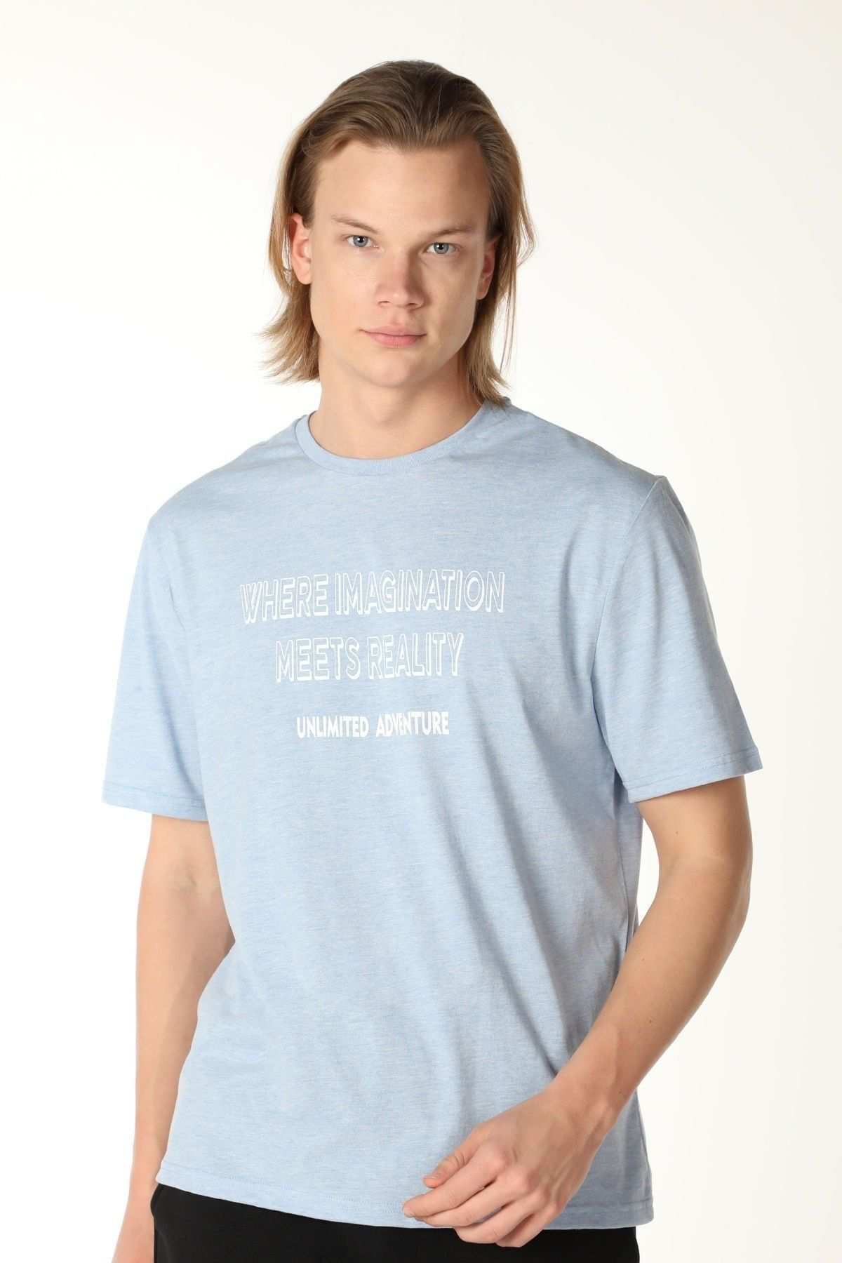 Defys Erkek Bisiklet Yaka Kisa Kollu Regular Fit Baskili Tişört Mavi Me