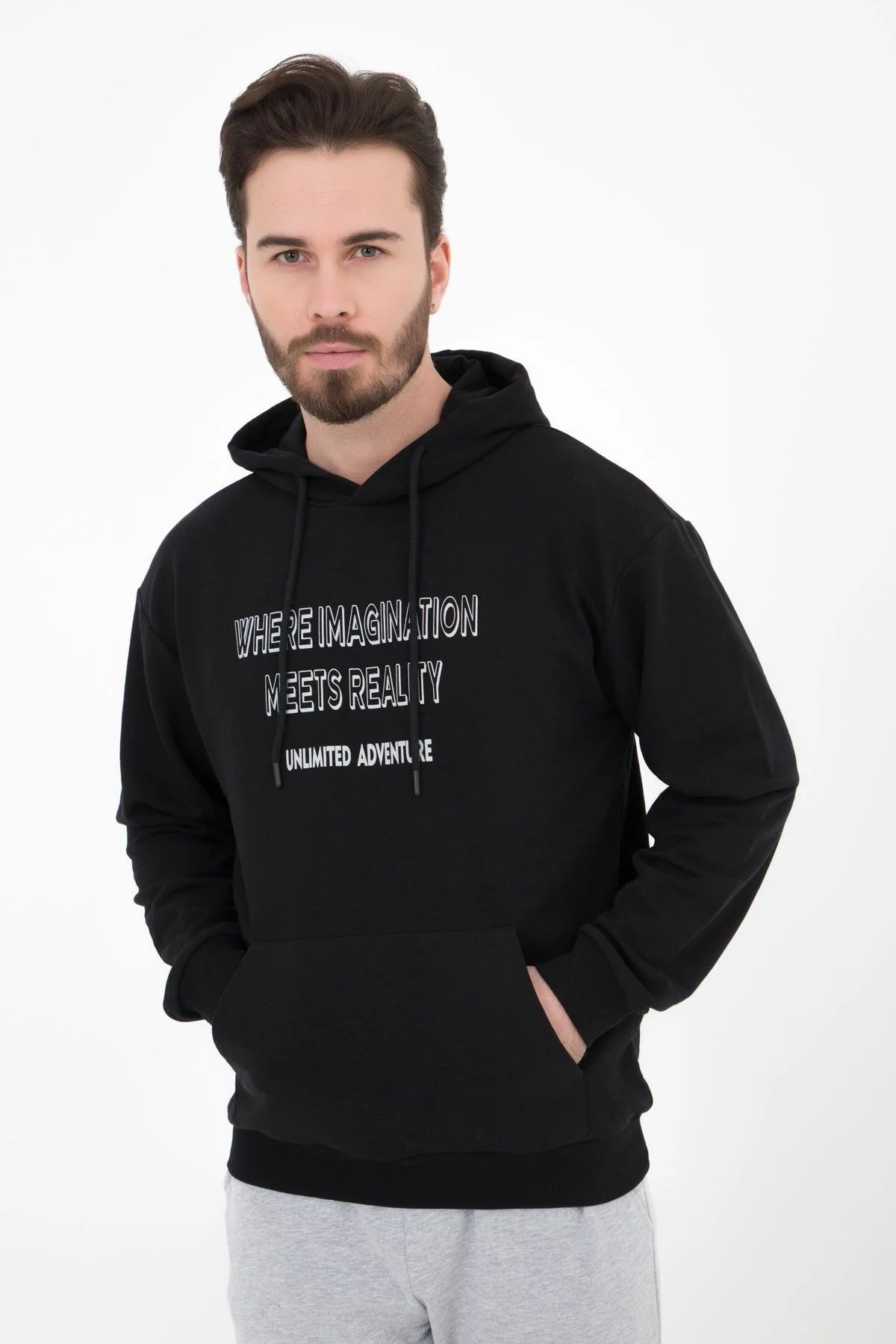 Erkek Baskılı Kapüşonlu Sweat Siyah