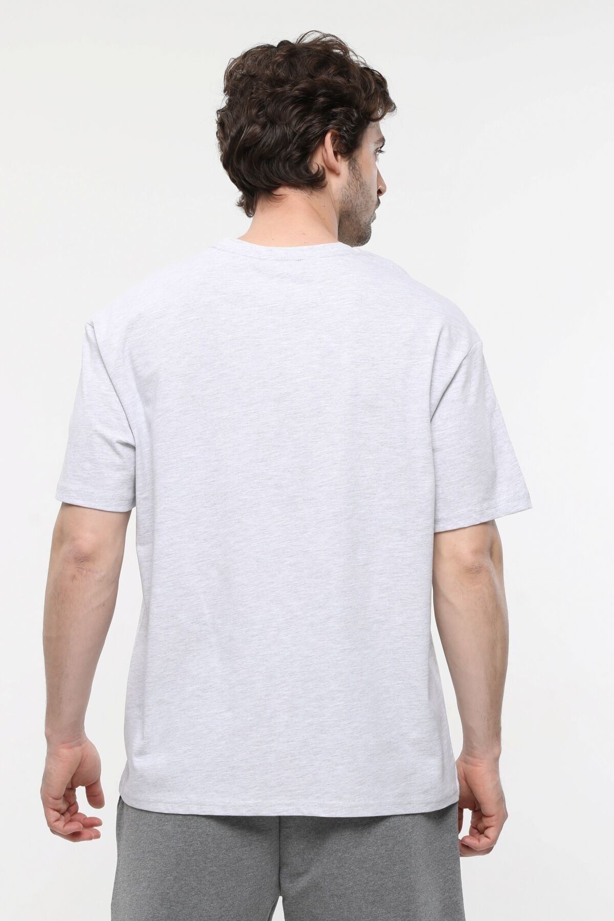 Erkek Baskılı Kısa Kollu Bisiklet Yaka Oversıze Tişört Kar Melanj