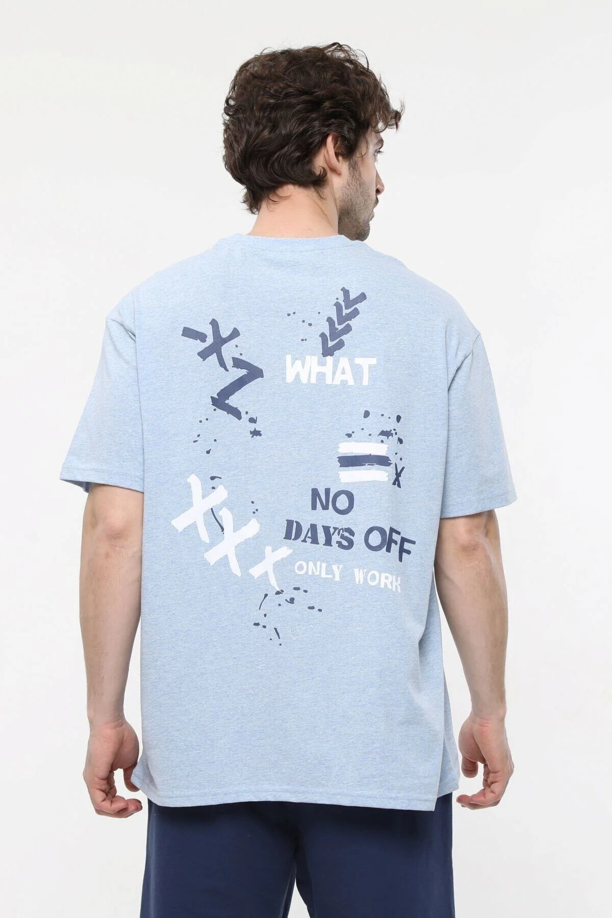 Erkek Baskılı Kısa Kollu Bisiklet Yaka Oversıze Tişört Koyu Mavi