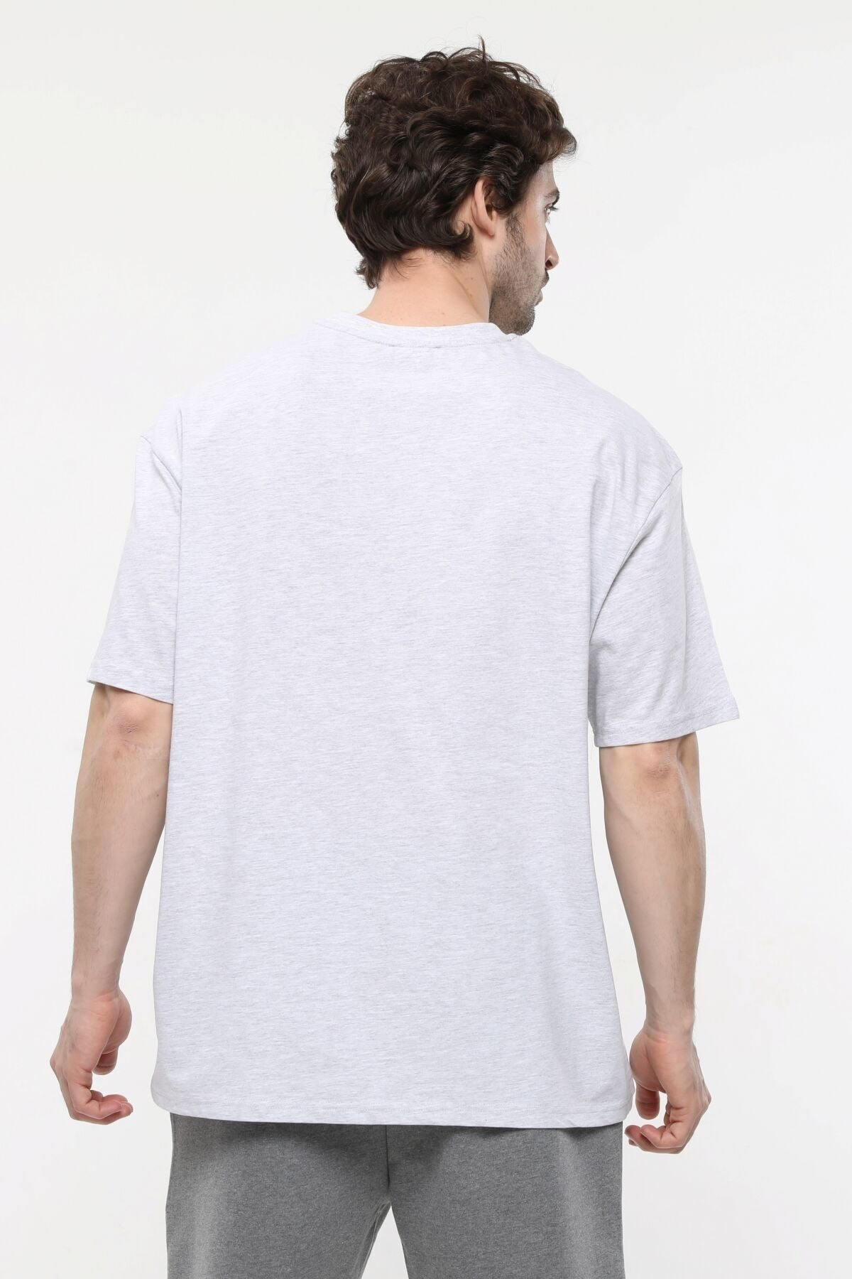 Defys Erkek Baskili Kisa Kollu Bisiklet Yaka Oversize Tişört Kar Melanj