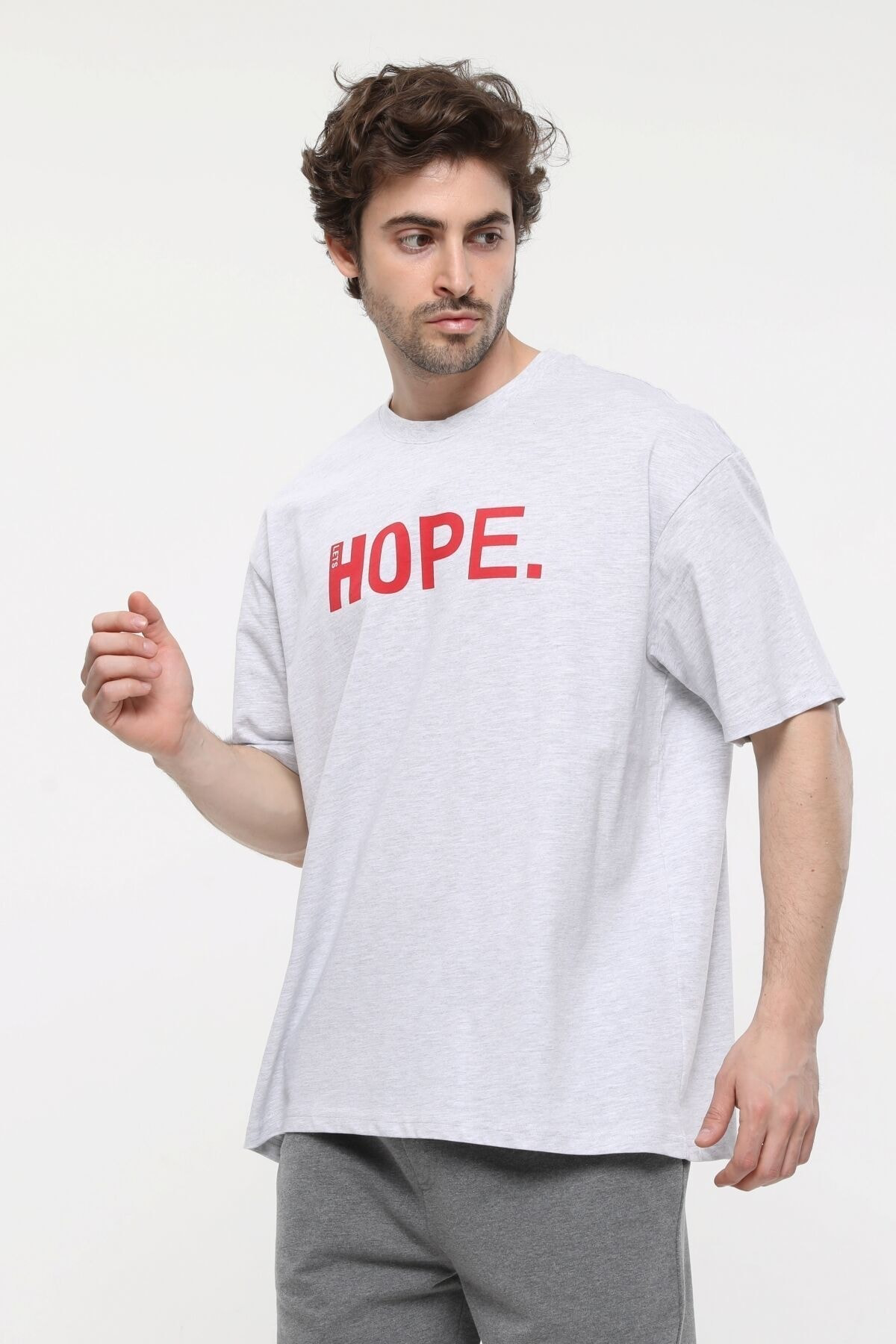 Defys Erkek Baskili Kisa Kollu Bisiklet Yaka Oversize Tişört Kar Melanj