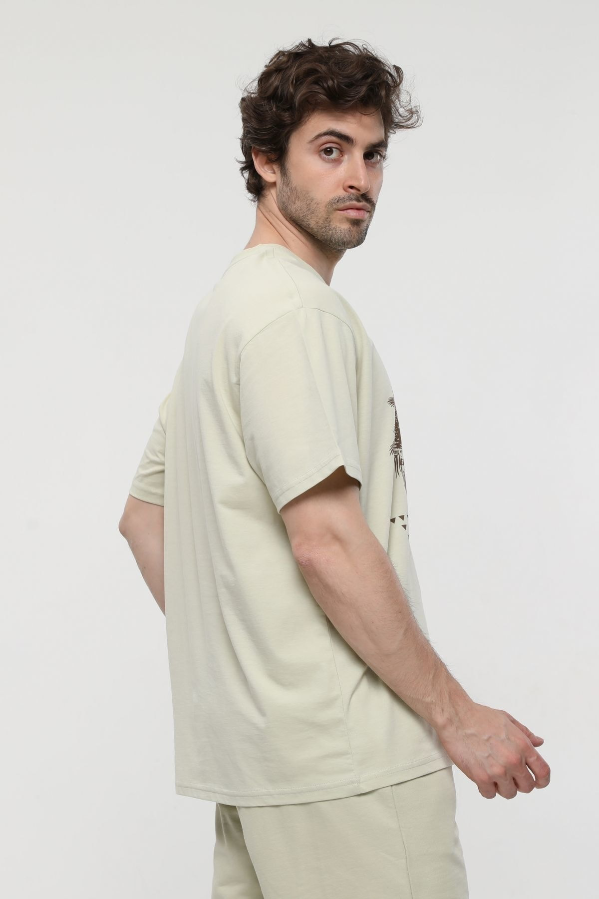 Erkek Bisiklet Yaka Kısa Kollu Oversize Fit Baskılı Tişört AÇIK Y