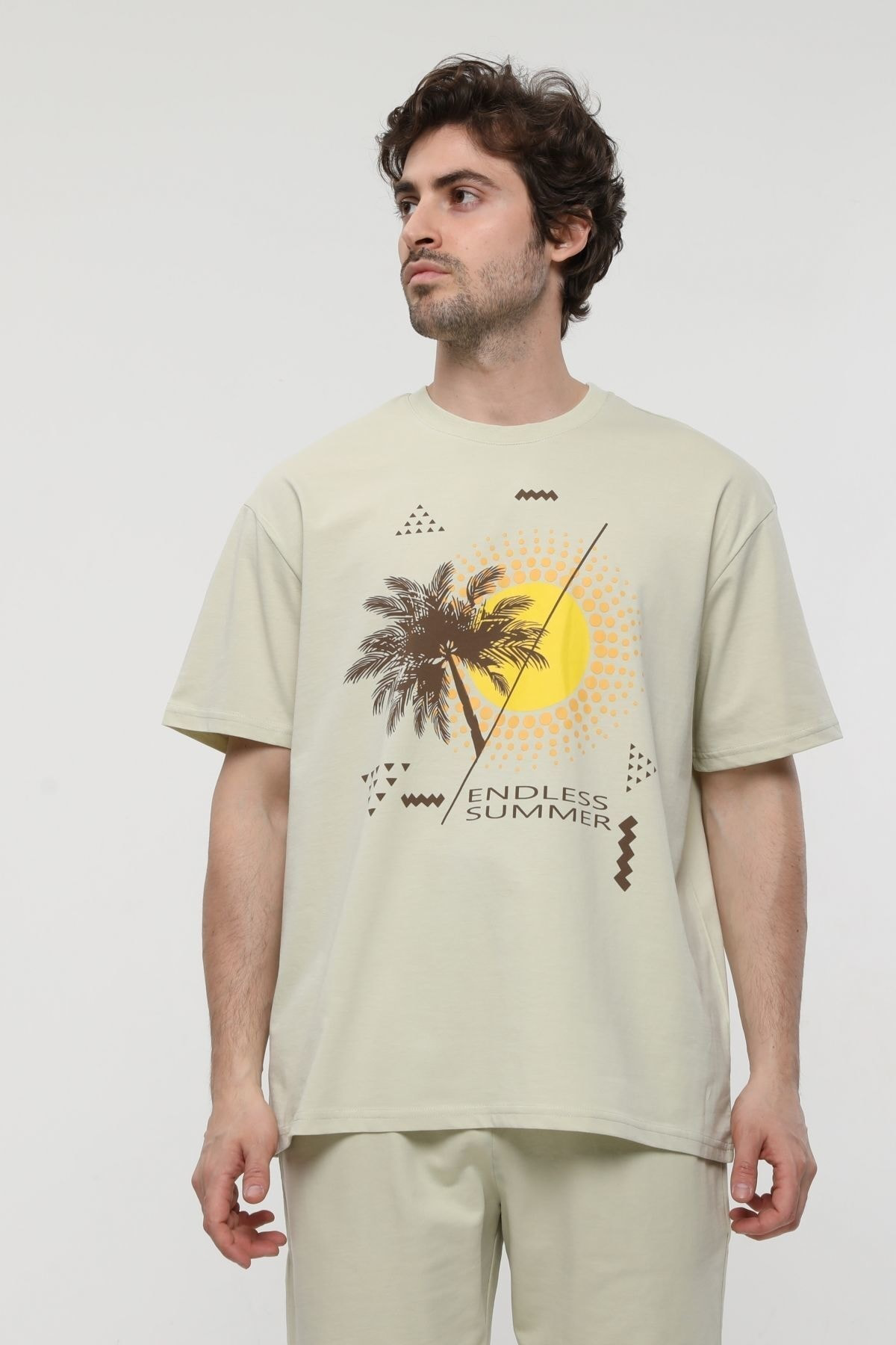 Erkek Bisiklet Yaka Kısa Kollu Oversize Fit Baskılı Tişört AÇIK Y