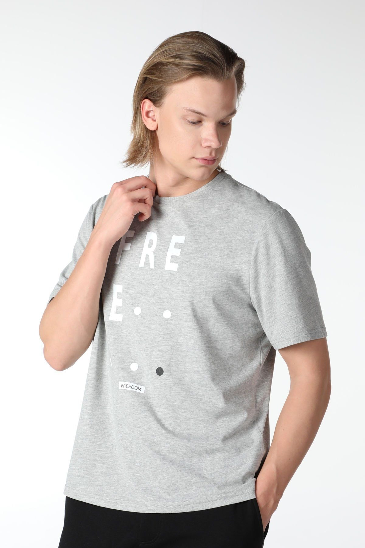 Erkek Bisiklet Yaka Kısa Kollu Regular Fit Baskılı Tişört Mavi Me