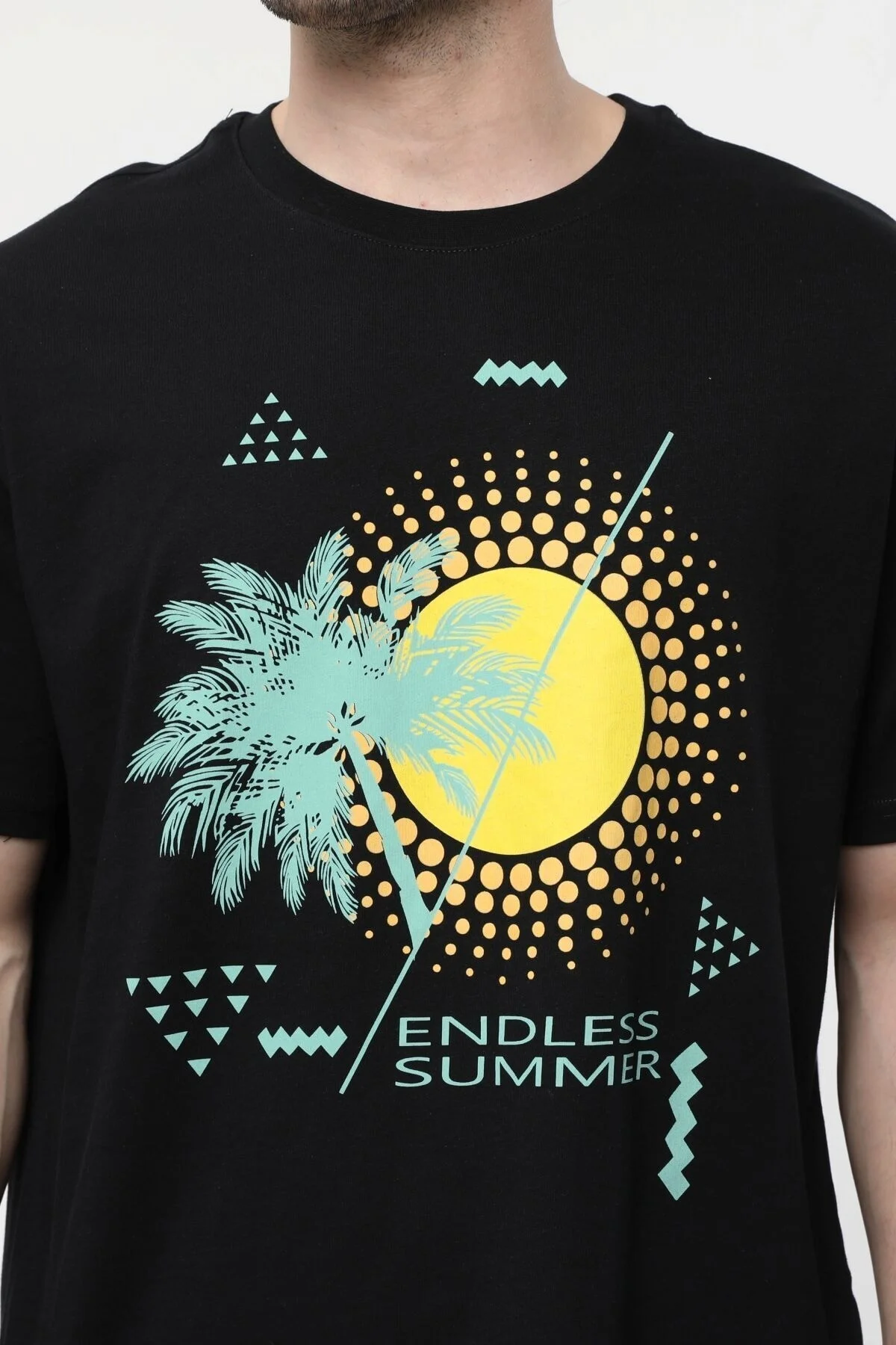 Erkek Bisiklet Yaka Kısa Kollu Oversize Fit Baskılı Tişört BEJ