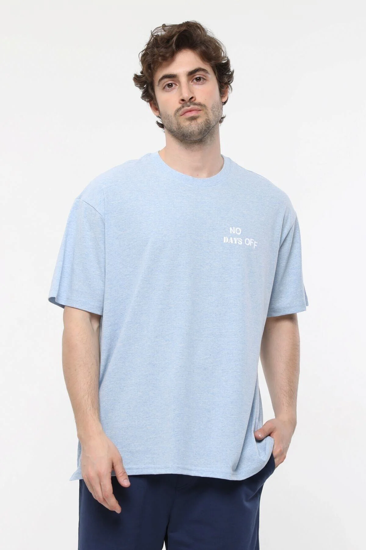 Erkek Baskılı Kısa Kollu Bisiklet Yaka Oversıze Tişört Koyu Mavi