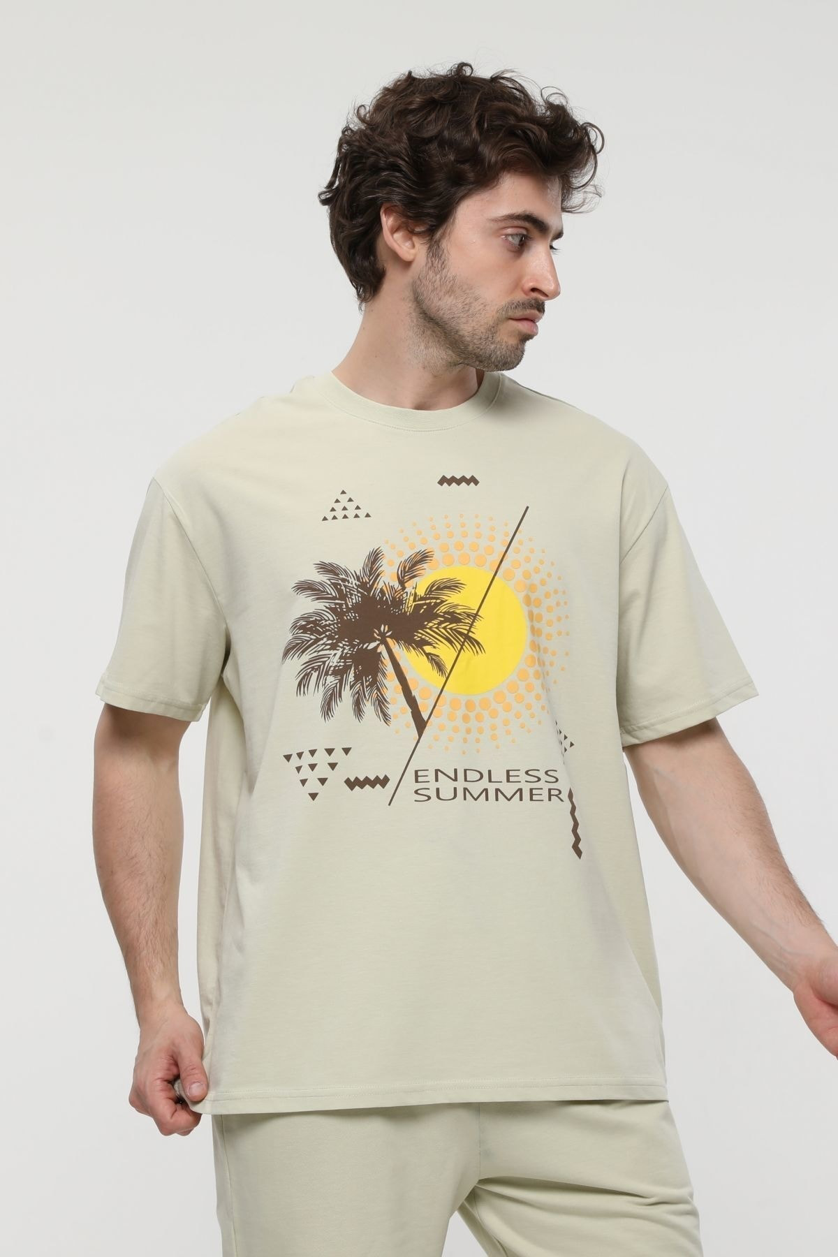 Erkek Bisiklet Yaka Kısa Kollu Oversize Fit Baskılı Tişört AÇIK Y