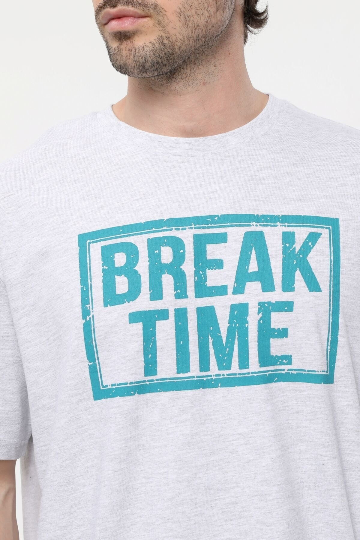 Erkek Baskılı Kısa Kollu Bisiklet Yaka Oversıze Tişört Kar Melanj