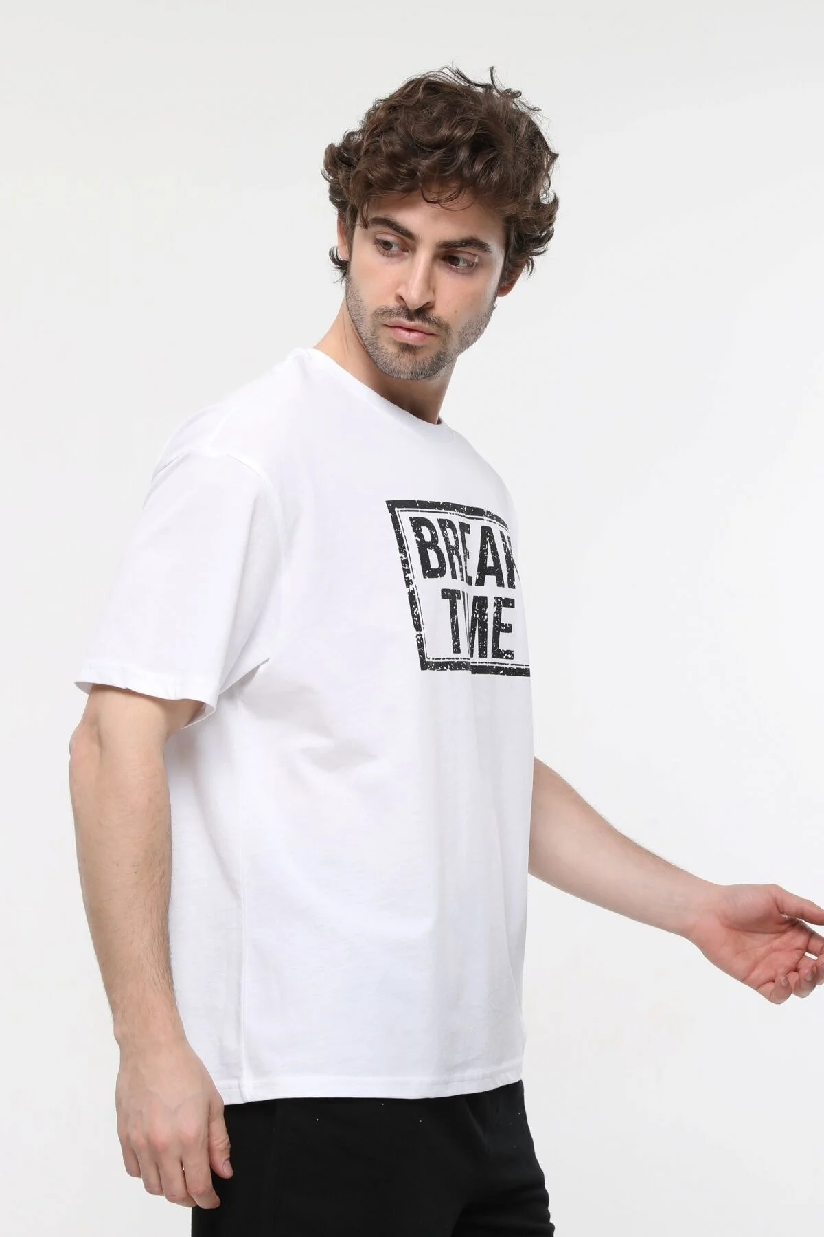 Erkek Baskılı Kısa Kollu Bisiklet Yaka Oversıze Tişört Mavi Melan