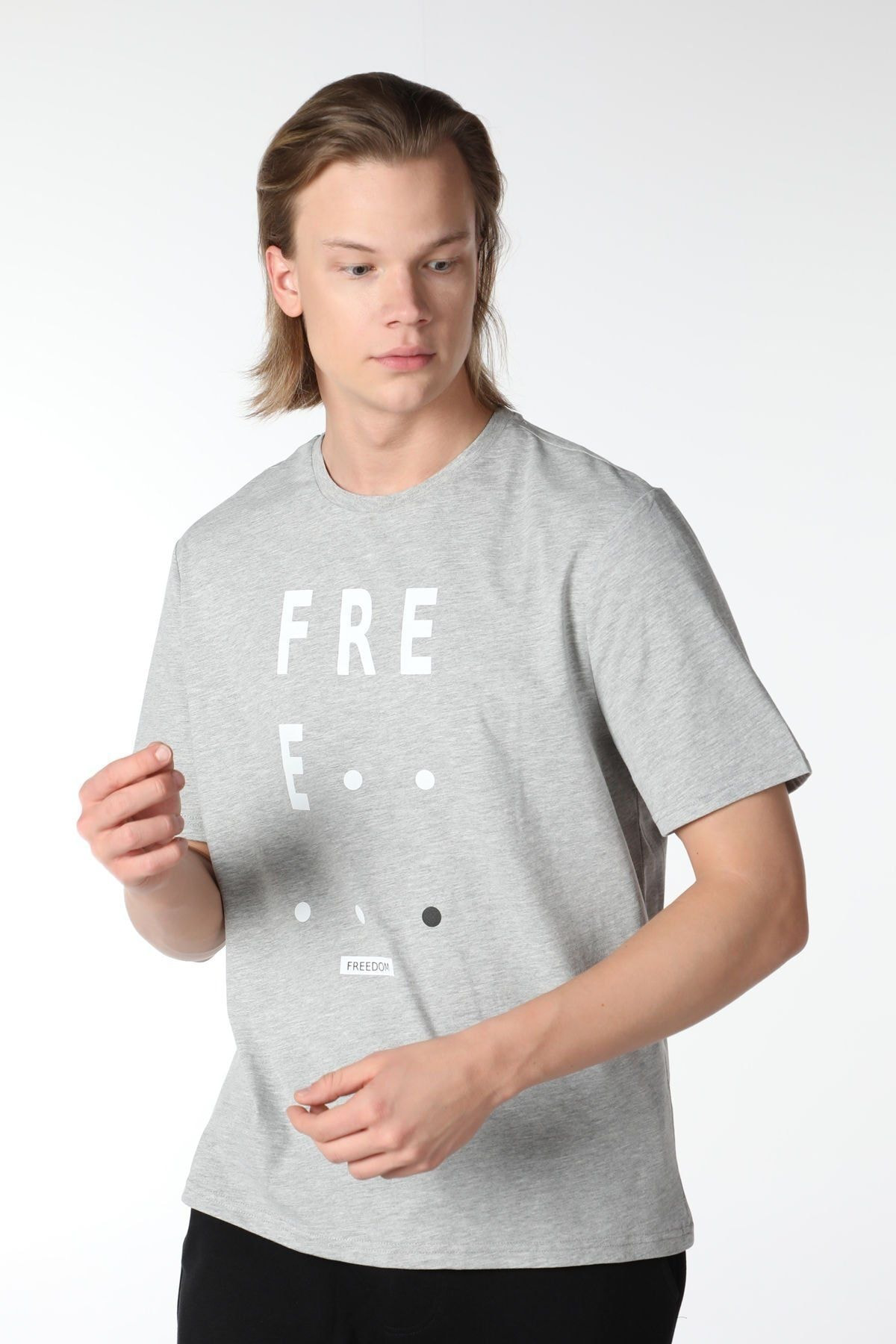 Erkek Bisiklet Yaka Kısa Kollu Regular Fit Baskılı Tişört Mavi Me