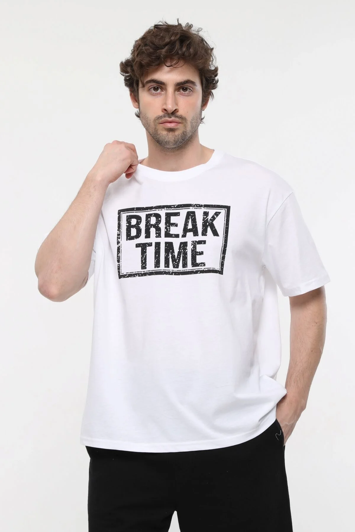 Erkek Baskılı Kısa Kollu Bisiklet Yaka Oversıze Tişört Mavi Melan