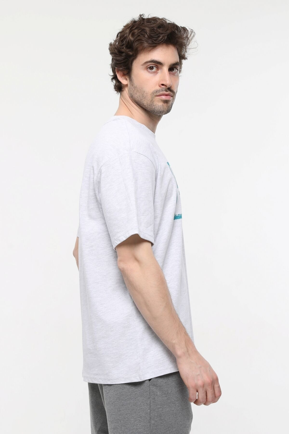 Erkek Baskılı Kısa Kollu Bisiklet Yaka Oversıze Tişört Kar Melanj