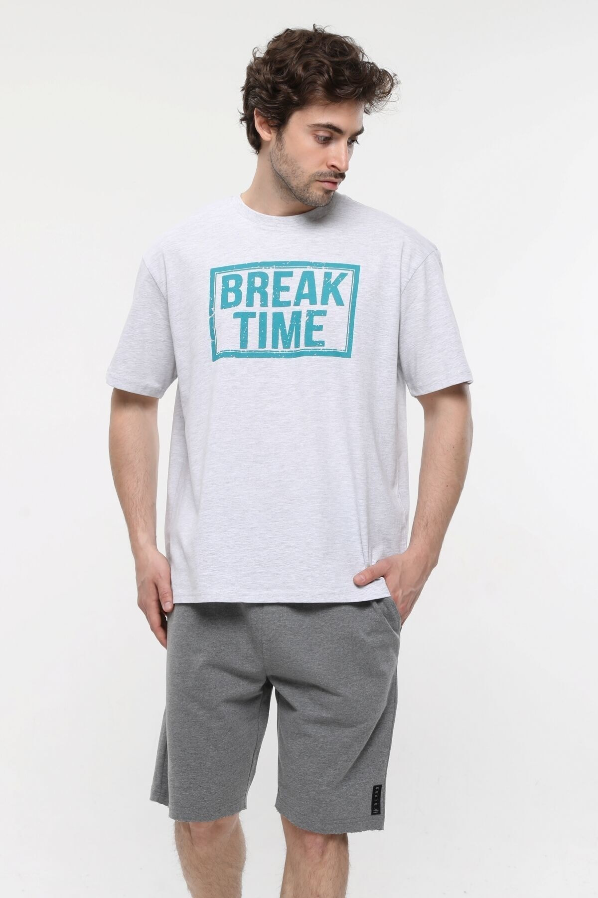 Erkek Baskılı Kısa Kollu Bisiklet Yaka Oversıze Tişört Kar Melanj
