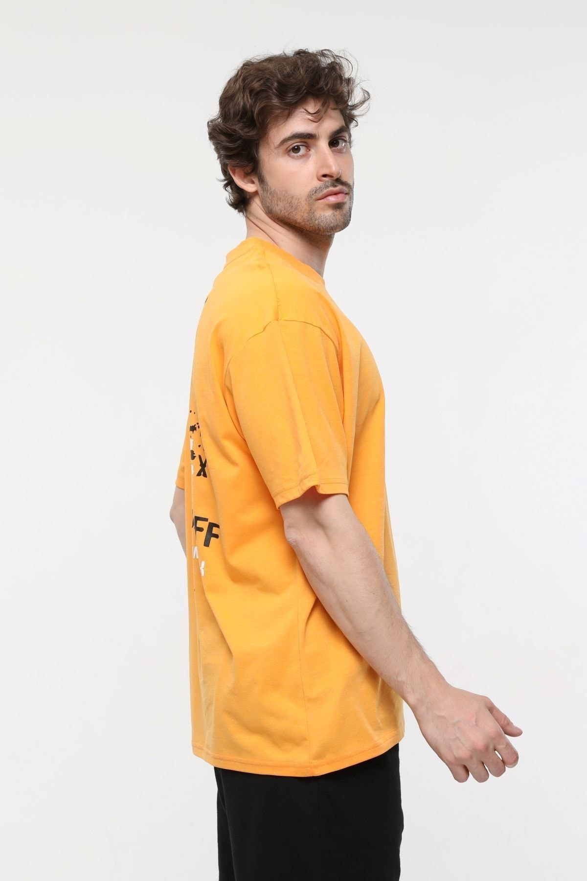 Erkek Bisiklet Yaka Kısa Kollu Oversize Fit Baskılı Tişört ORANJ