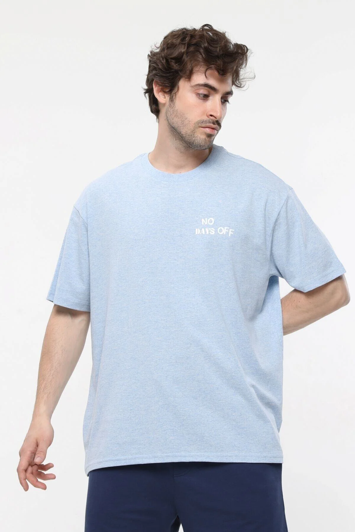 Erkek Baskılı Kısa Kollu Bisiklet Yaka Oversıze Tişört Koyu Mavi
