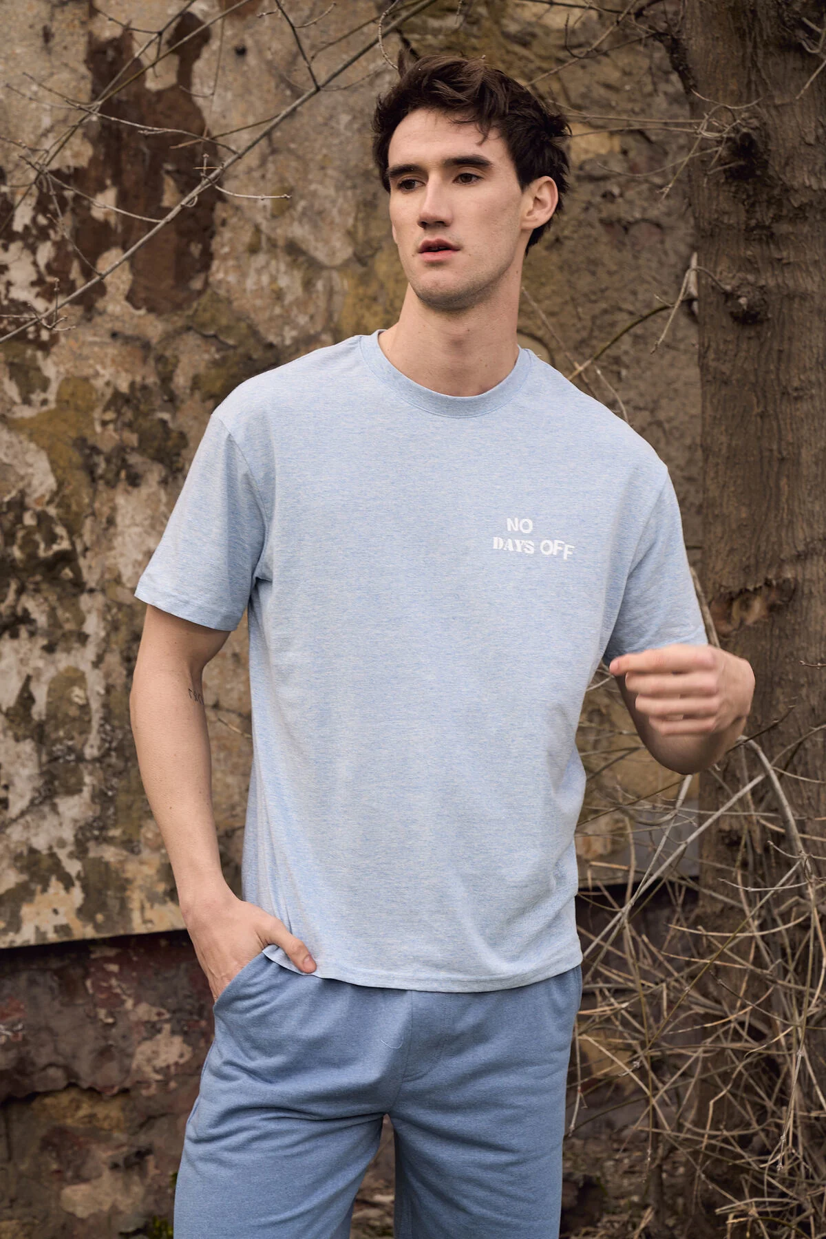 Erkek Baskılı Kısa Kollu Bisiklet Yaka Oversıze Tişört Koyu Mavi