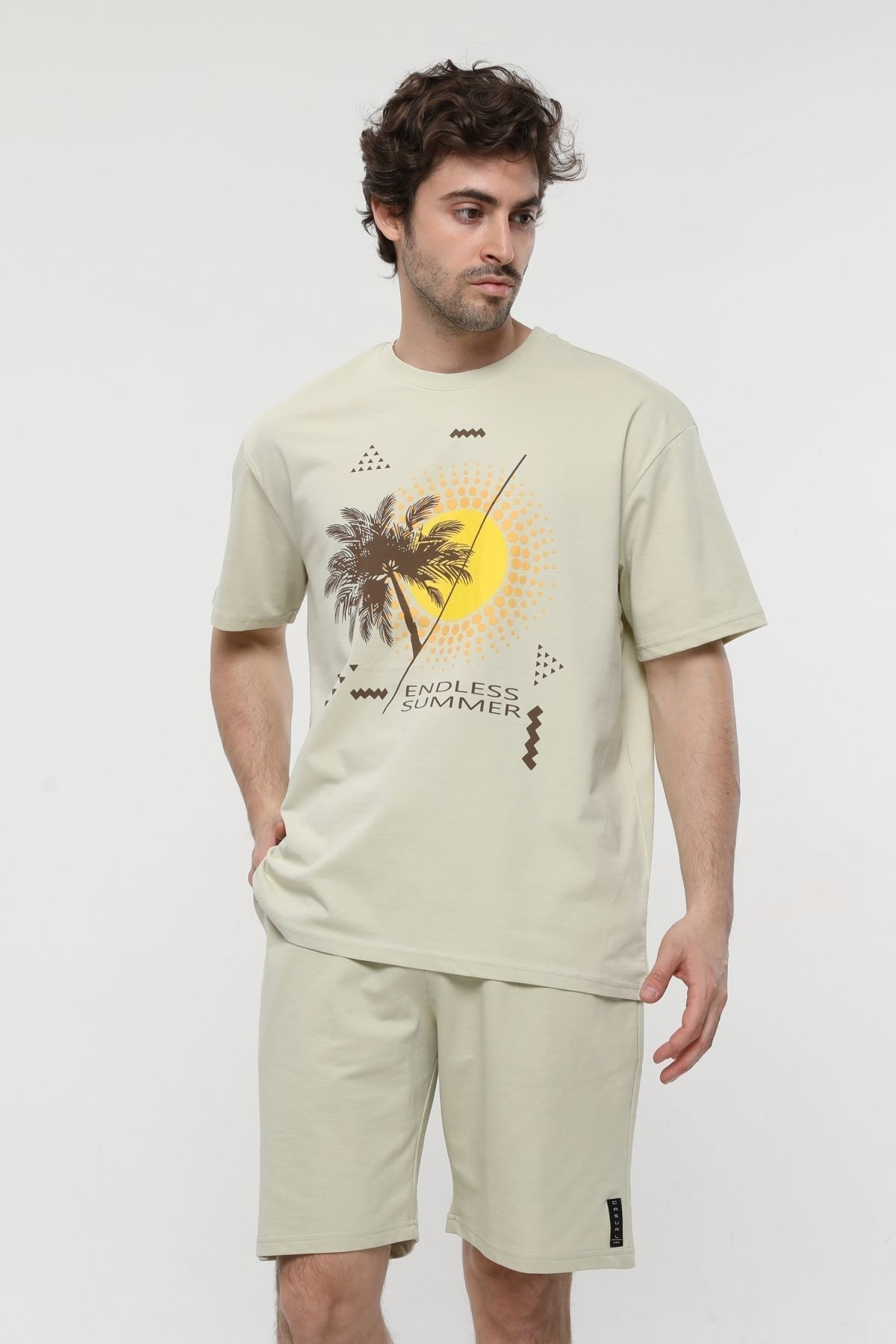 Erkek Bisiklet Yaka Kısa Kollu Oversize Fit Baskılı Tişört AÇIK Y