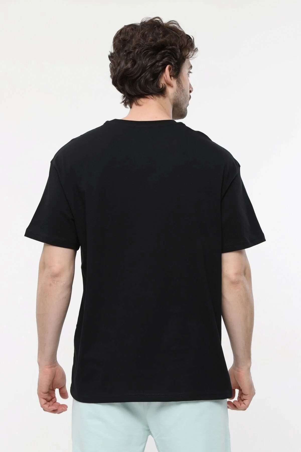 Erkek Bisiklet Yaka Kısa Kollu Oversize Fit Baskılı Tişört BEJ