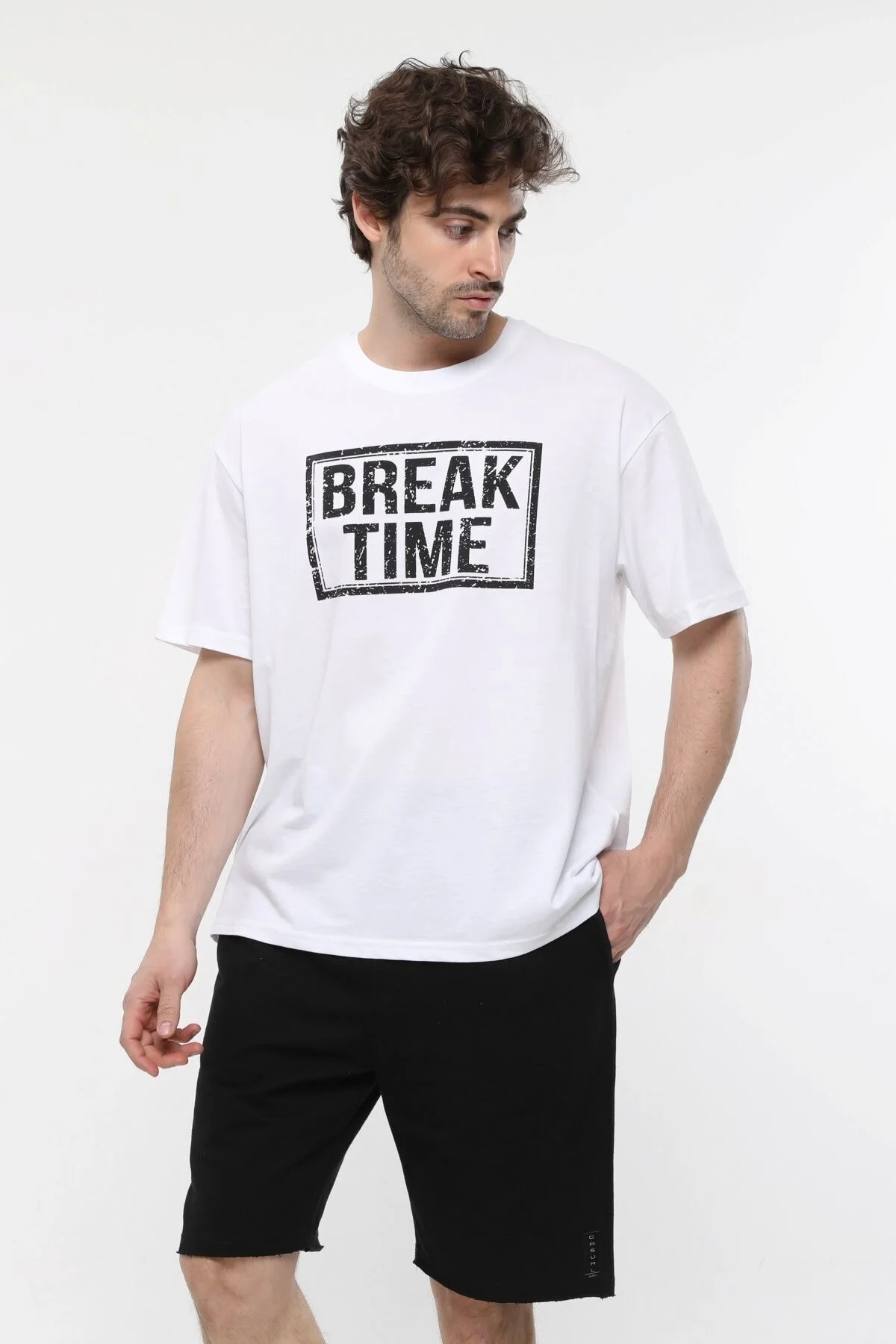 Erkek Baskılı Kısa Kollu Bisiklet Yaka Oversıze Tişört Mavi Melan