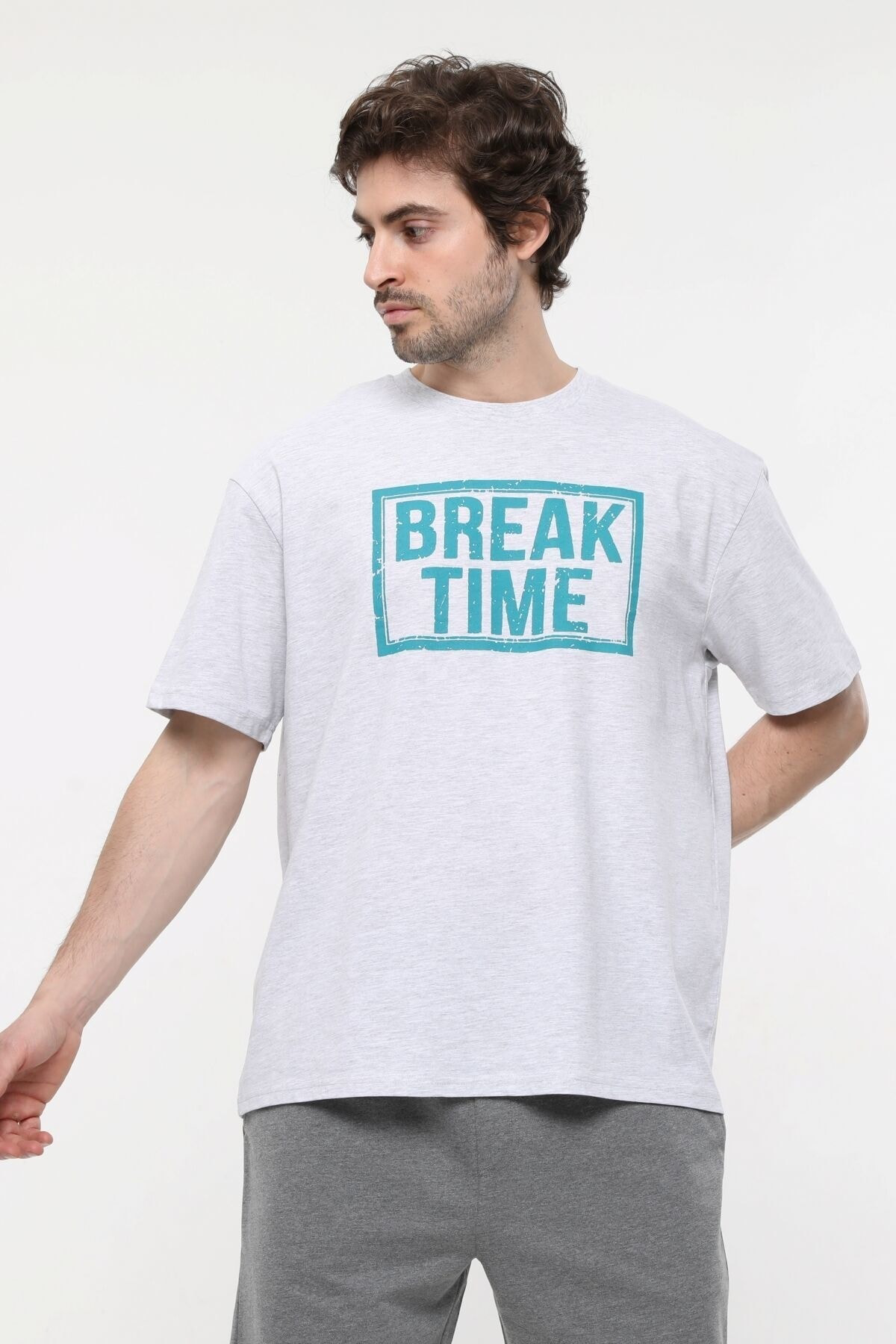 Erkek Baskılı Kısa Kollu Bisiklet Yaka Oversıze Tişört Kar Melanj