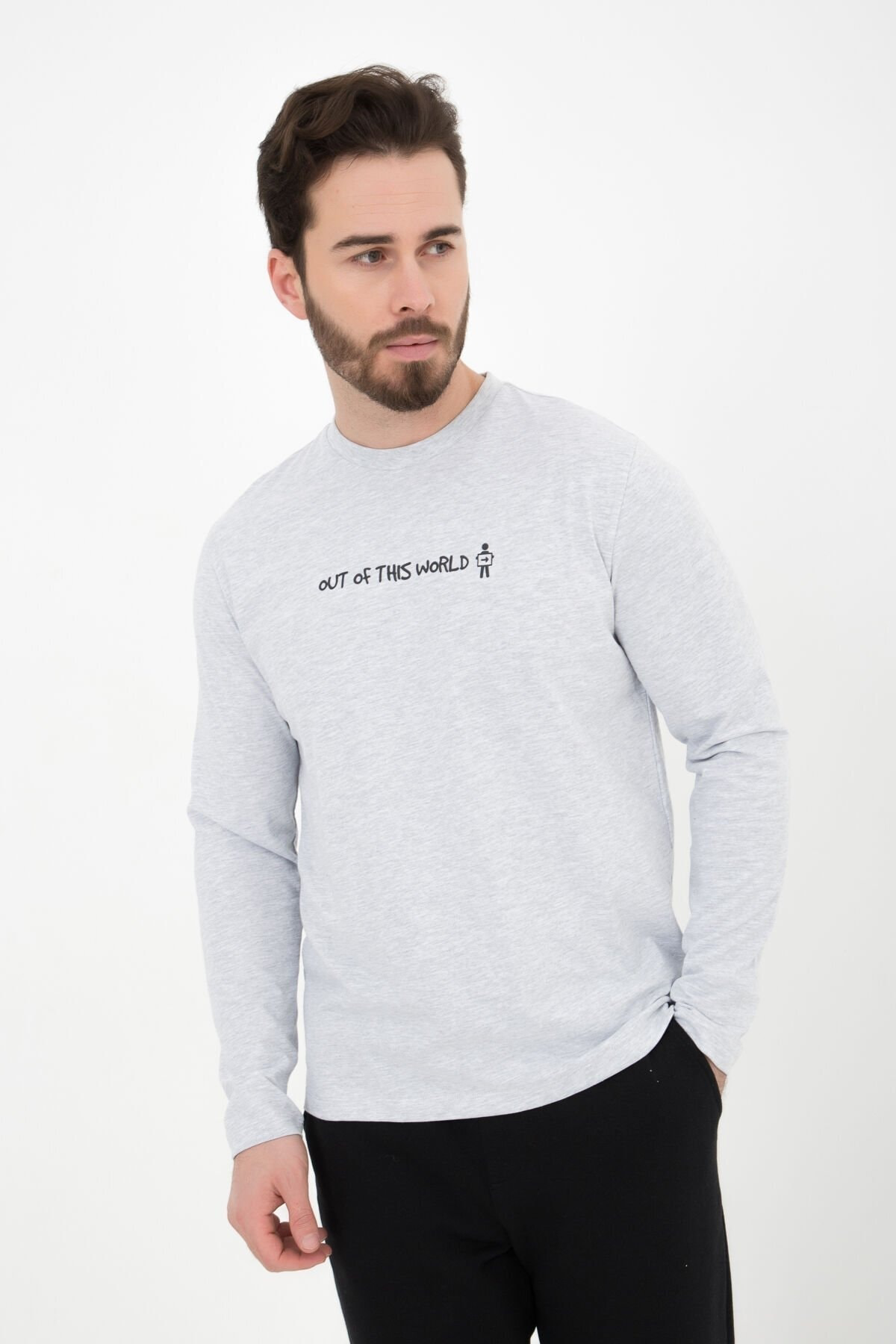 Defys Erkek Bisiklet Yaka Uzun Kollu Regular Fit Baskili Tişört Gri Mel
