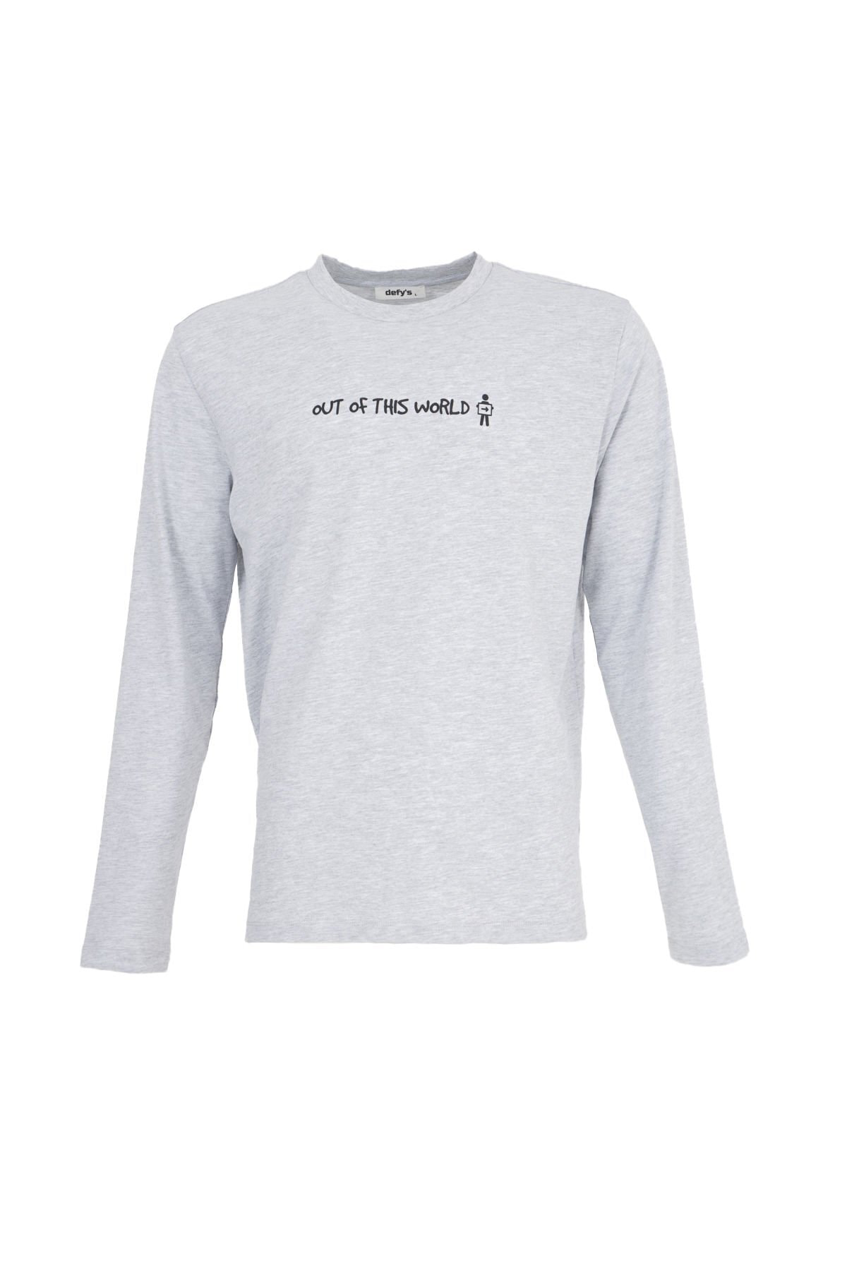 Defys Erkek Bisiklet Yaka Uzun Kollu Regular Fit Baskili Tişört Gri Mel