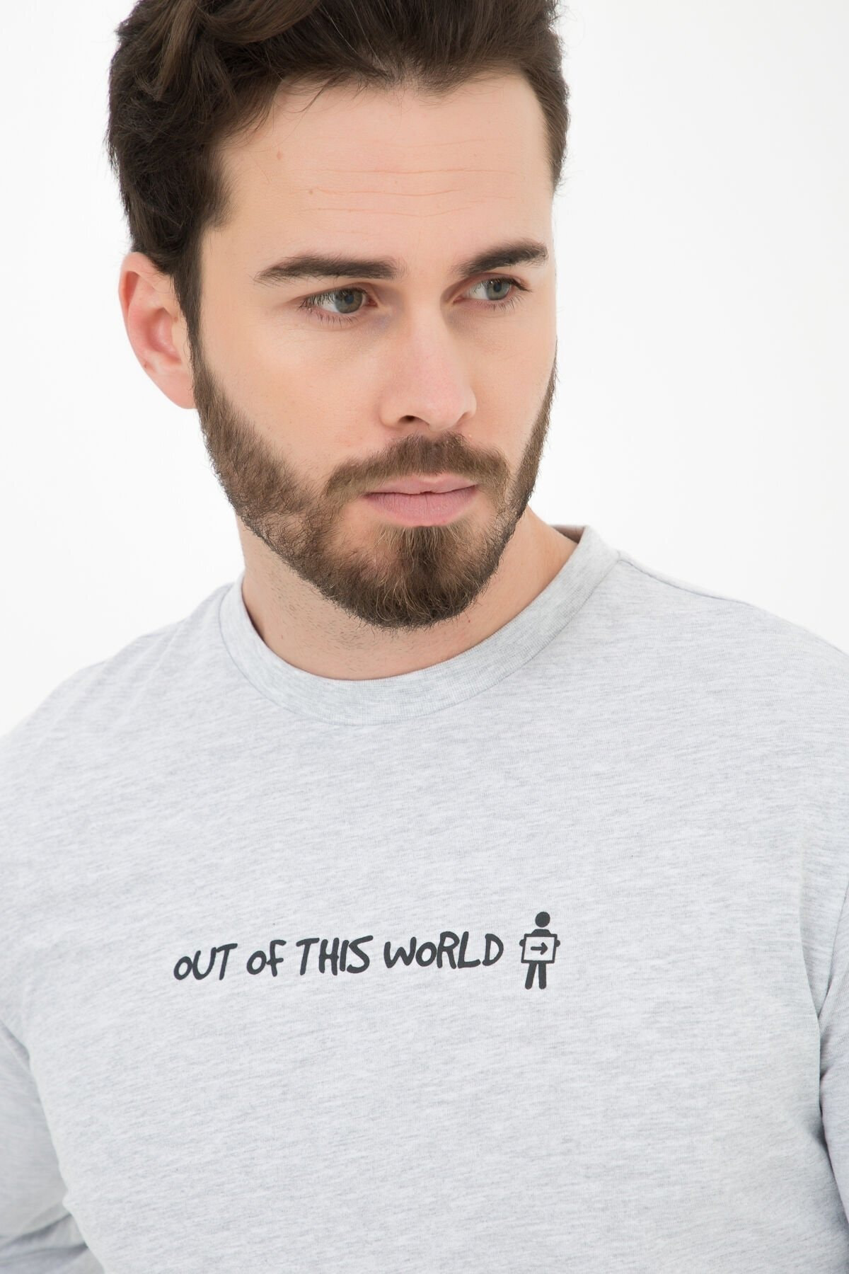 Defys Erkek Bisiklet Yaka Uzun Kollu Regular Fit Baskili Tişört Gri Mel