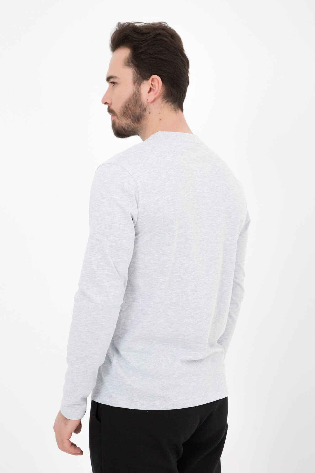 Defys Erkek Bisiklet Yaka Uzun Kollu Regular Fit Baskili Tişört Gri Mel