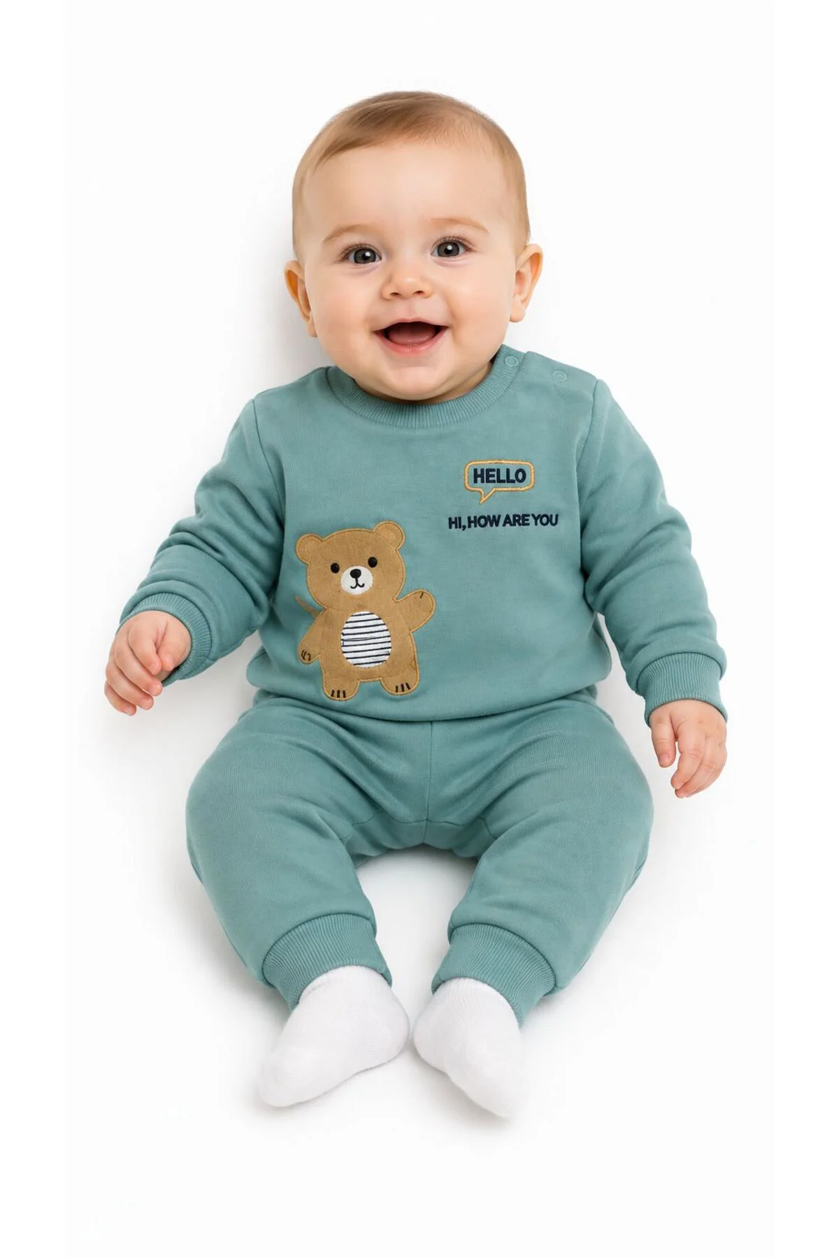 Erkek Bebek Mevsimlik Pamuklu 2’li Takım Nakışlı Desenli Sweatshirt ve Eşofman Altı 6-12 Ay