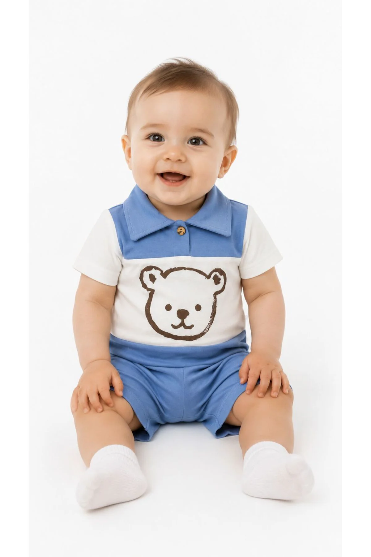 Erkek Bebek Pamuklu Polo Yaka Ayıcık Baskılı Şortlu Yazlık Takım 