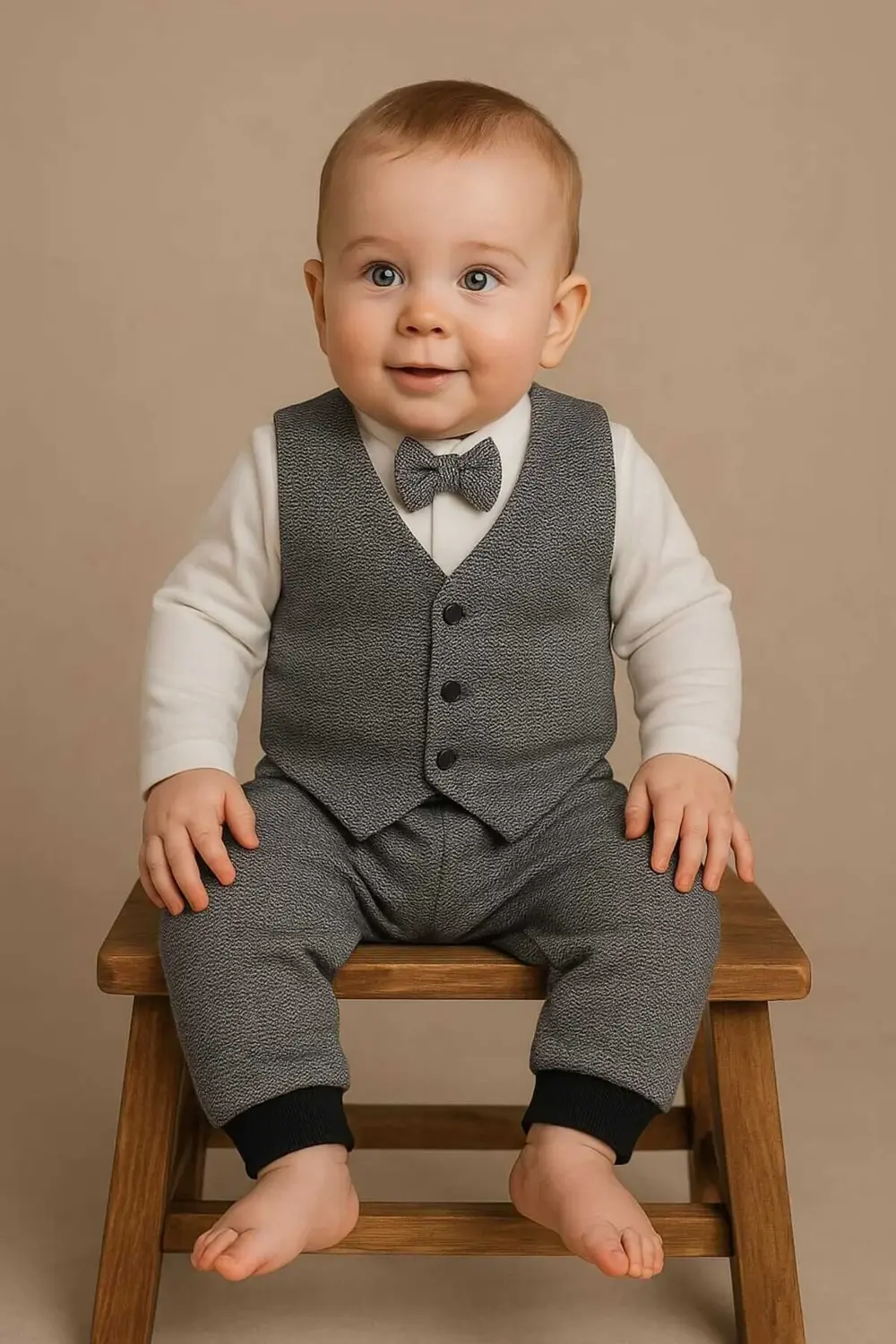 Erkek Bebek Papyonlu Dikişli Yelekli Takım (3–18 Ay) | Pamuklu Me