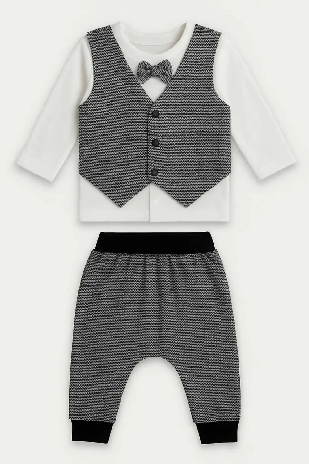 Erkek Bebek Papyonlu Dikişli Yelekli Takım (3–18 Ay) | Pamuklu Me