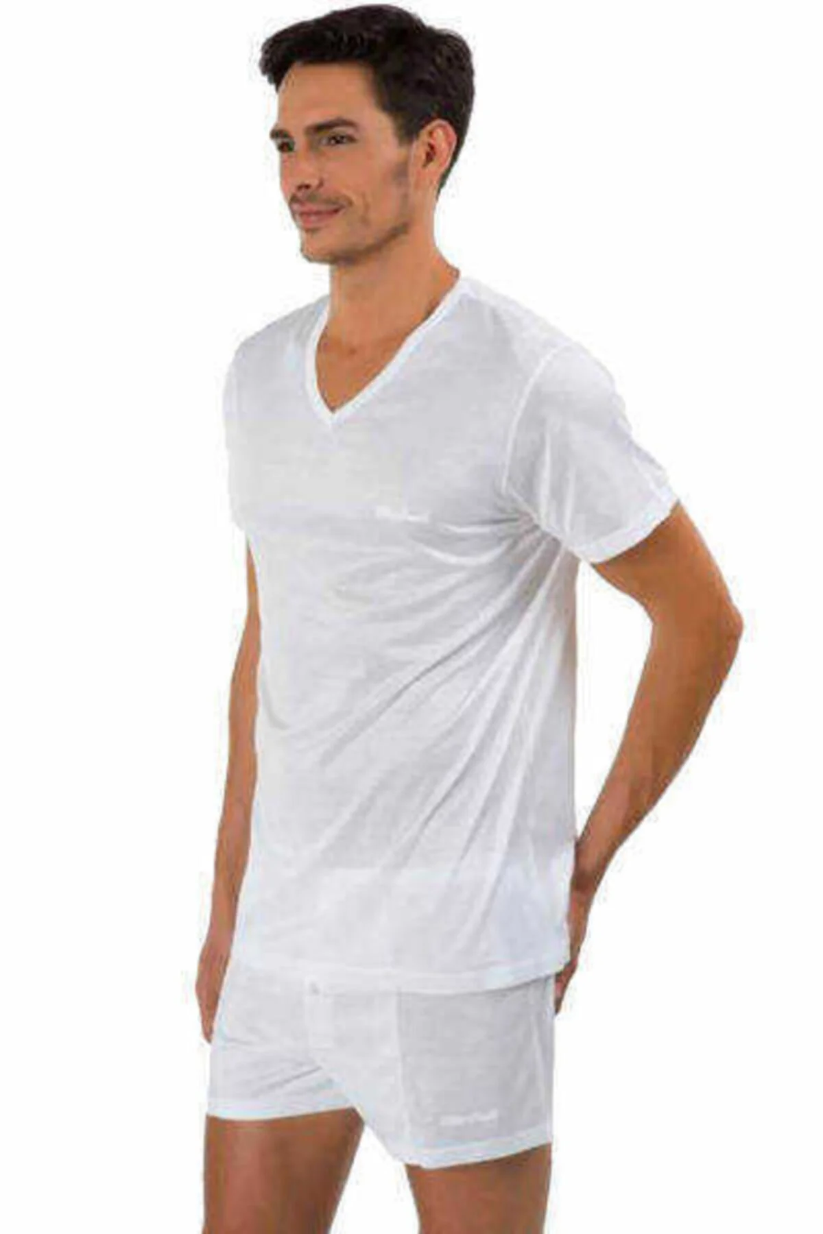 Erkek Beyaz Elite İnce Kumaş V Yaka T-Shirt