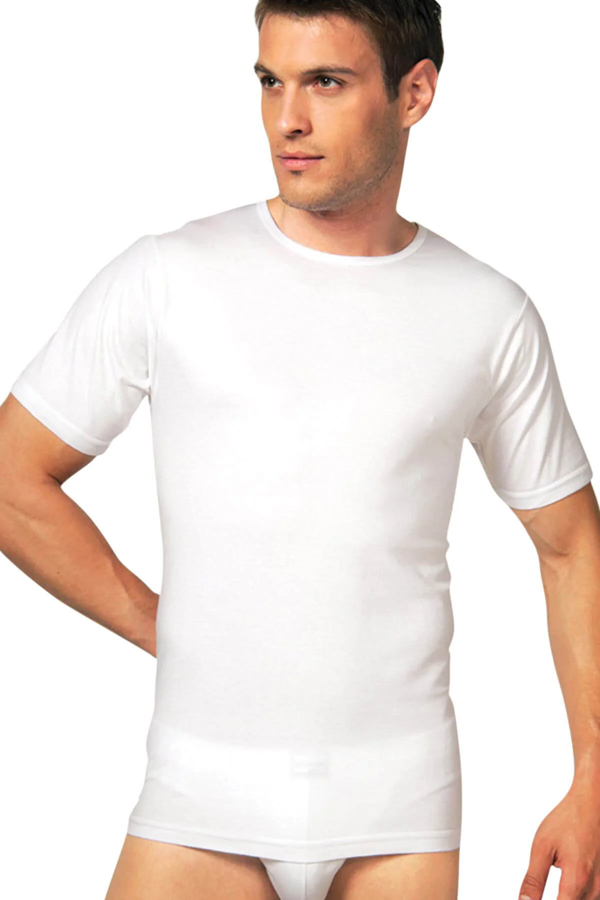 Erkek Beyaz Kısa Kollu Bisiklet Yaka T Shirt 2510