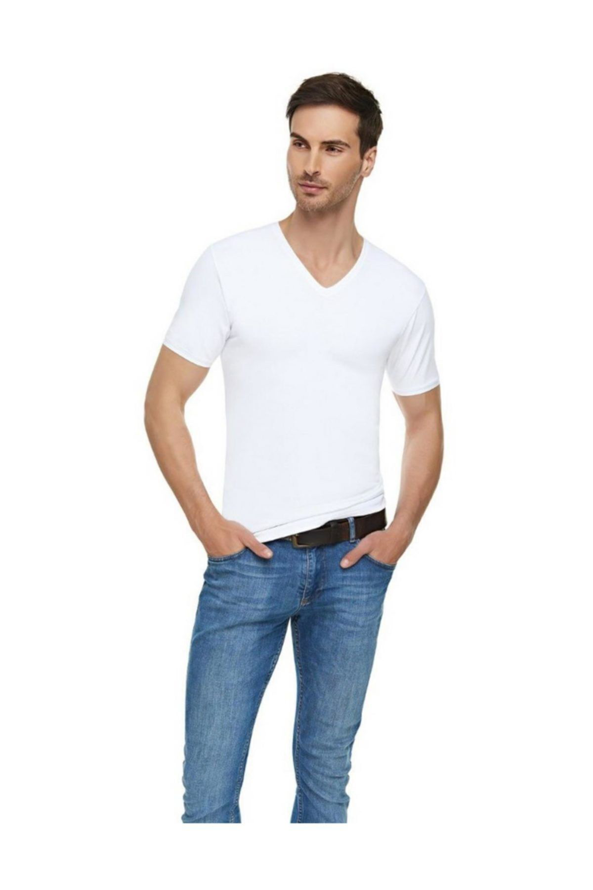 Tutku Elit Erkek Beyaz Likralı V Yaka Kısa Kol Fanila