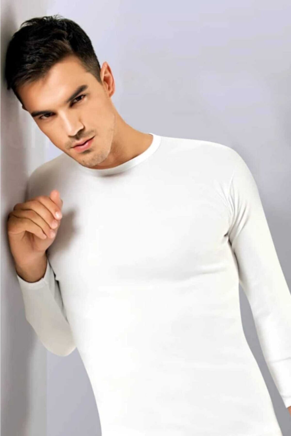 Erkek Beyaz Ribana 0 Yaka Uzun Kol Fanila  Atlet