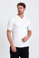 Erkek Beyaz Slim Fit Çizgili Esnek Nefes Alan Polo Yaka Triko T-s