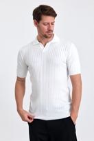 Erkek Beyaz Slim Fit Çizgili Esnek Nefes Alan Polo Yaka Triko T-s