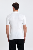 Erkek Beyaz Slim Fit Çizgili Esnek Nefes Alan Polo Yaka Triko T-s