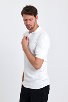 Erkek Beyaz Slim Fit Çizgili Esnek Nefes Alan Polo Yaka Triko T-s