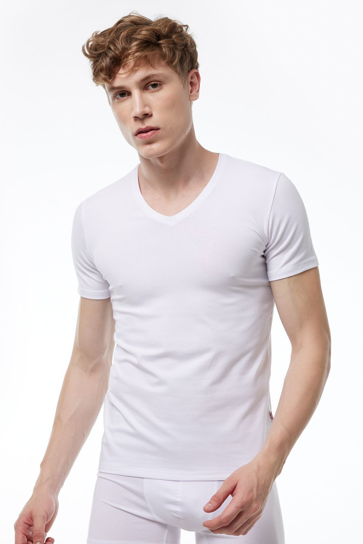 Erkek Beyaz V Yaka Kısa Kol Modal Body 032 Erkek Beyaz V Yaka Kısa Kol Modal Body 032