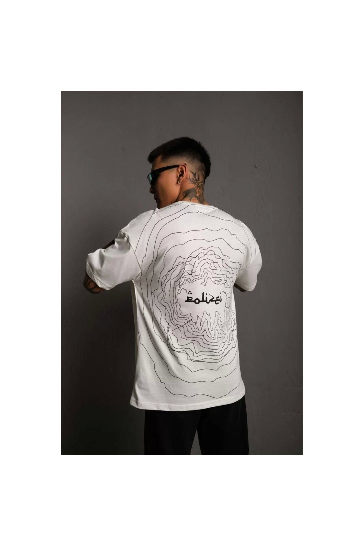 Erkek Bisiklet Yakalı Sırt Baskılı Oversize T-Shirt - Beyaz