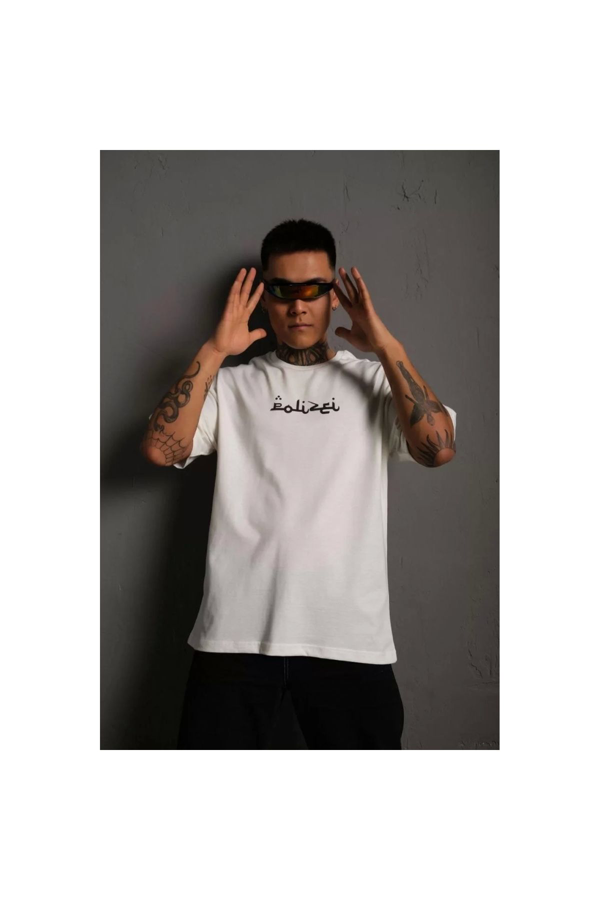 Erkek Bisiklet Yakalı Sırt Baskılı Oversize T-Shirt - Beyaz