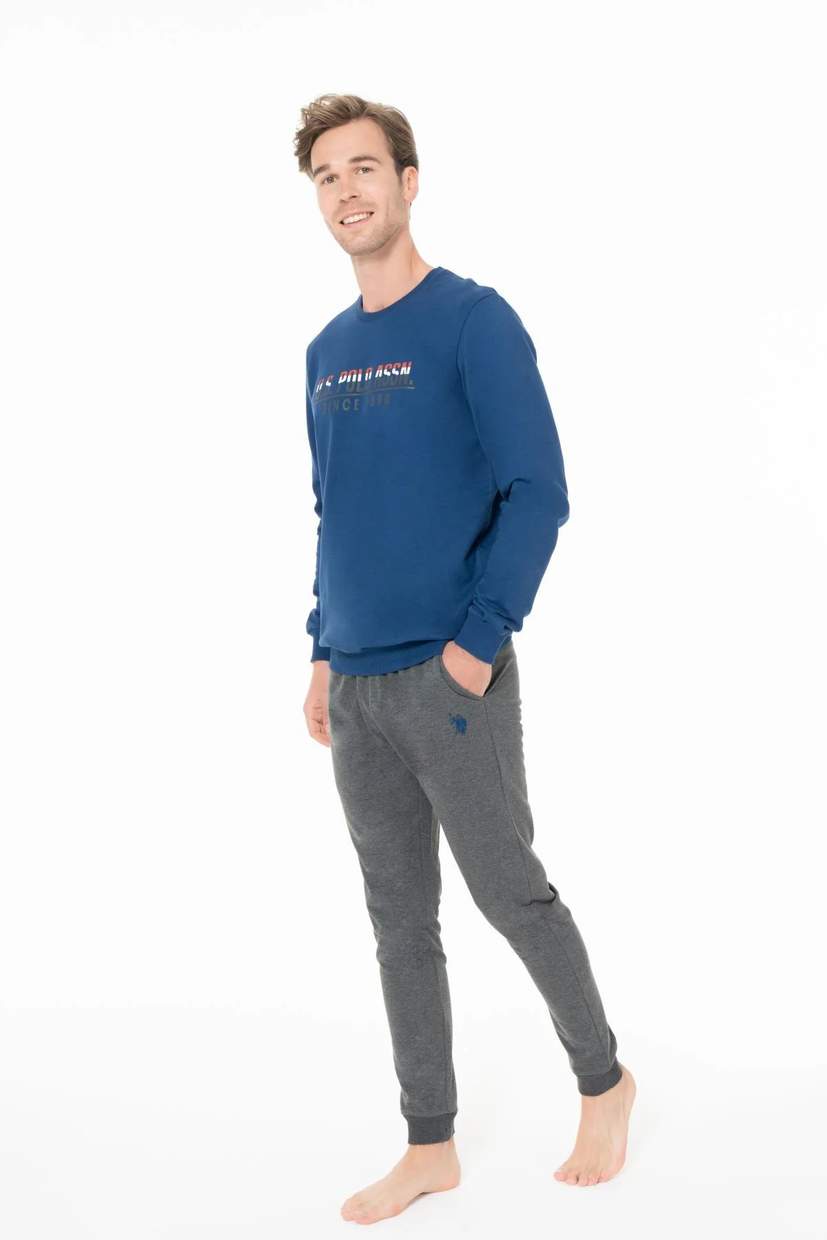 Erkek Bisiklet Yaka Uzun Kollu Pijama Takımı S26928 BANTLI PAÇA R